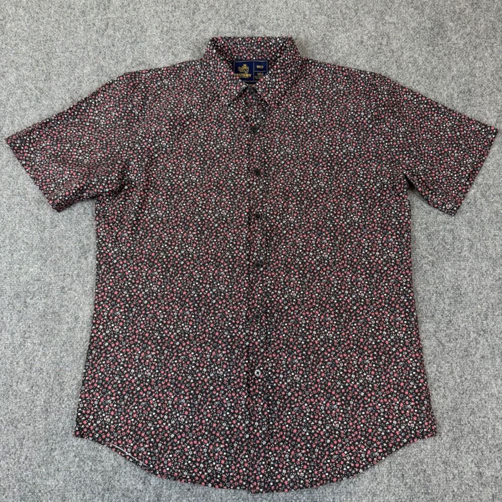Rugby University Mens Medium Black Pink Floral Stretch Short Sleeve Button Up